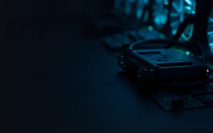 Mørke mining-maskiner med lysende cyan blæsere og et bart kredsløbskort på et navy skrivebord.