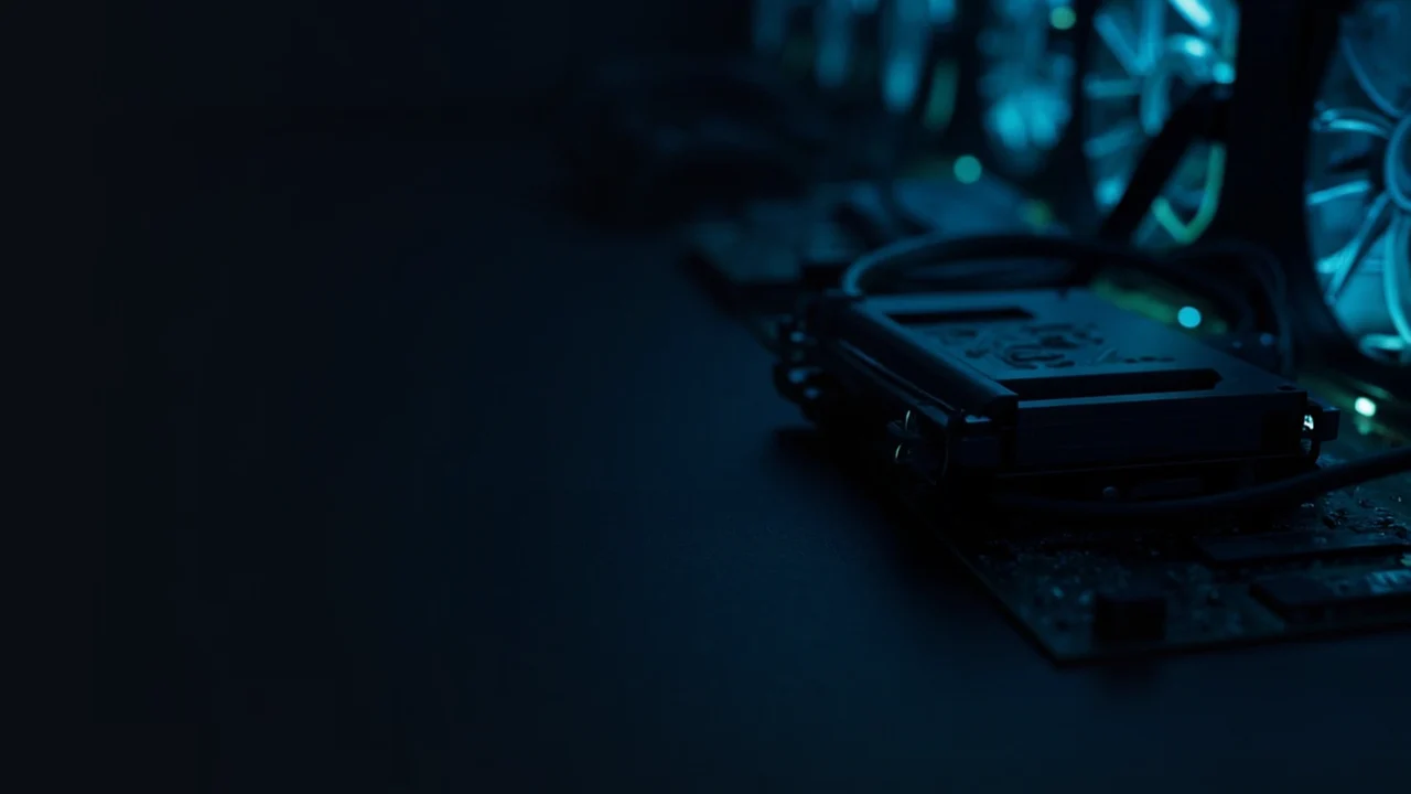 Mørke mining-maskiner med lysende cyan blæsere og et bart kredsløbskort på et navy skrivebord.