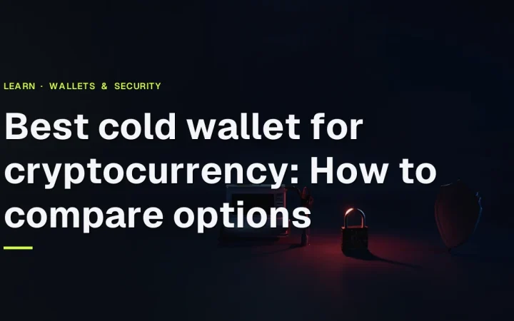 Best cold wallet for cryptocurrency guide title over a dark navy background with a hardware device and steel plate on the right.