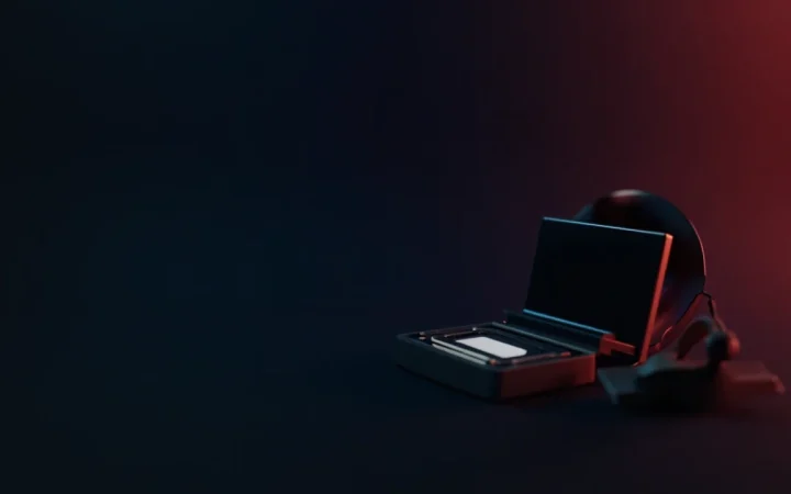 A dark navy background with a hardware device and steel plate on the right.