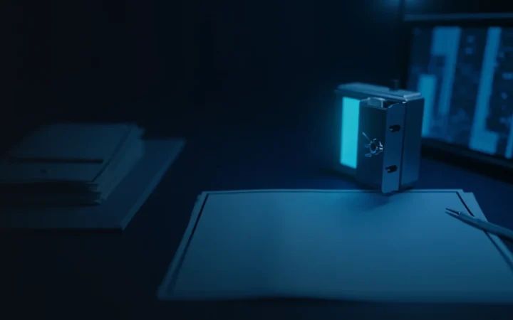Un bureau sombre avec des certificats vierges, un coffre et un écran lumineux.