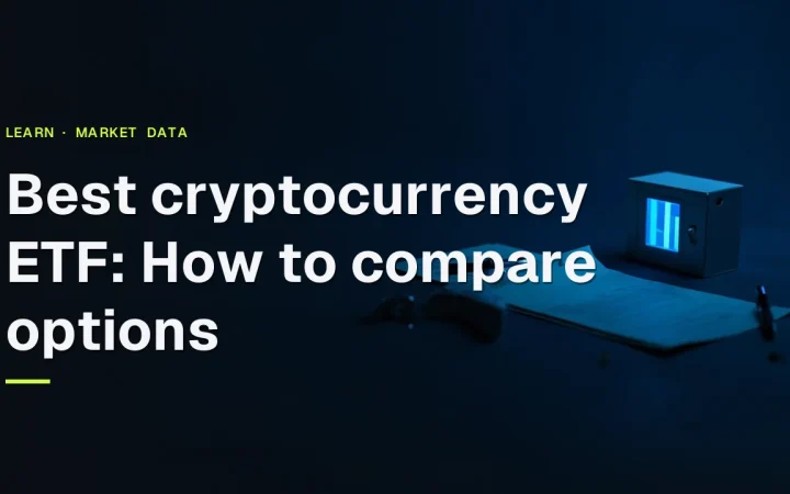 The title Best cryptocurrency ETF: How to compare options over a dark desk with blank certificates, a vault and a glowing display.
