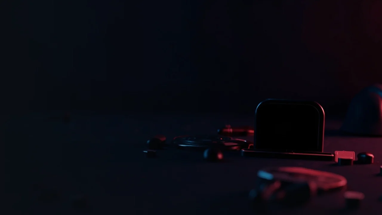 A dark desk with a hardware wallet, steel plate, padlock and shield lit in red.