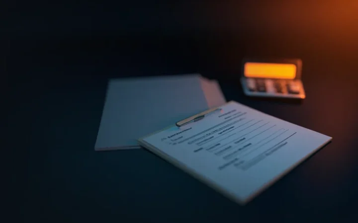 Ett mörkblått skrivbord med ett tomt pensionsformulär, mapp och miniräknare, upplyst av varmt orange ljus till höger.
