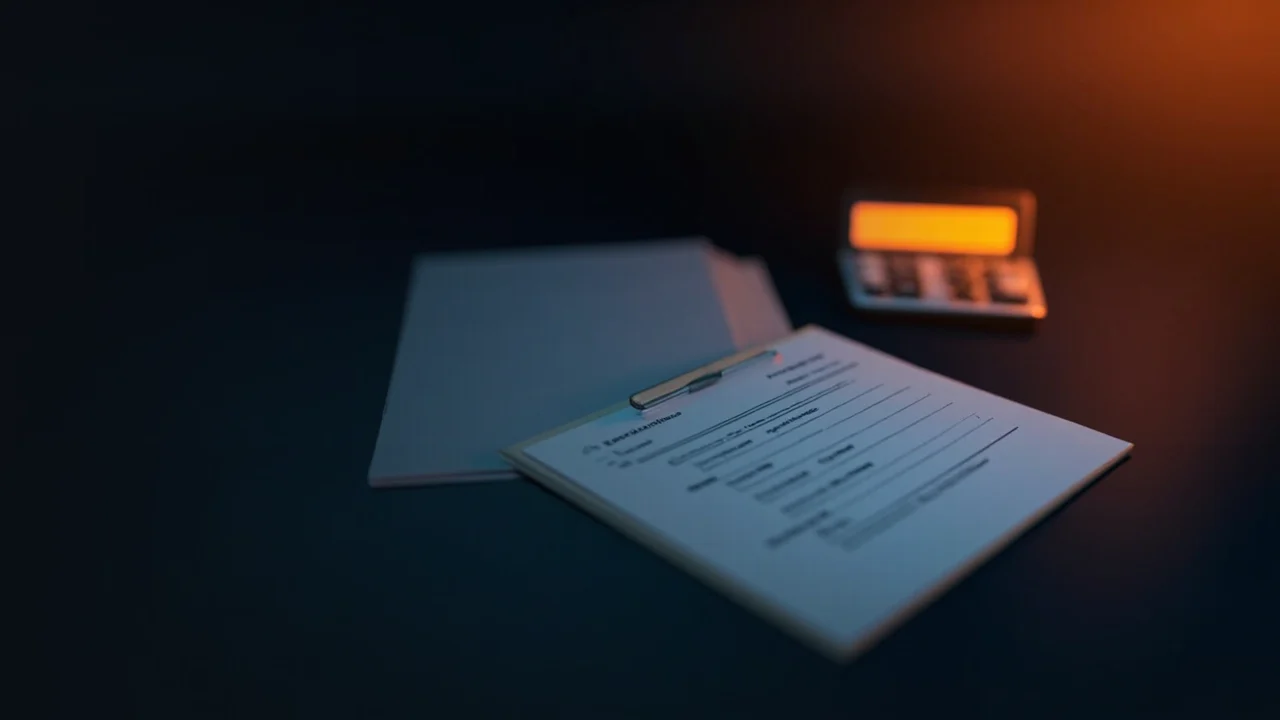 Un escritorio azul marino oscuro con un formulario de jubilación en blanco, una carpeta y una calculadora, iluminado por una luz naranja cálida a la derecha.