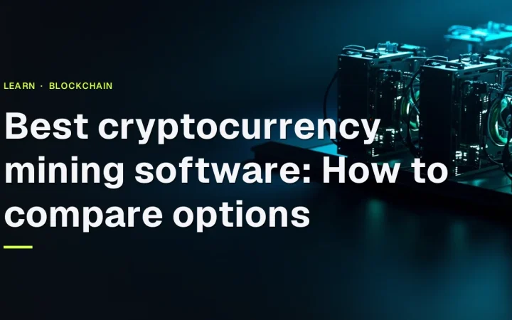 The title Best cryptocurrency mining software sits over rows of dark mining rigs with glowing cyan fans and cables on the right.