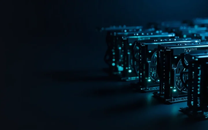 Rows of dark mining rigs with glowing cyan fans and cables on the right.