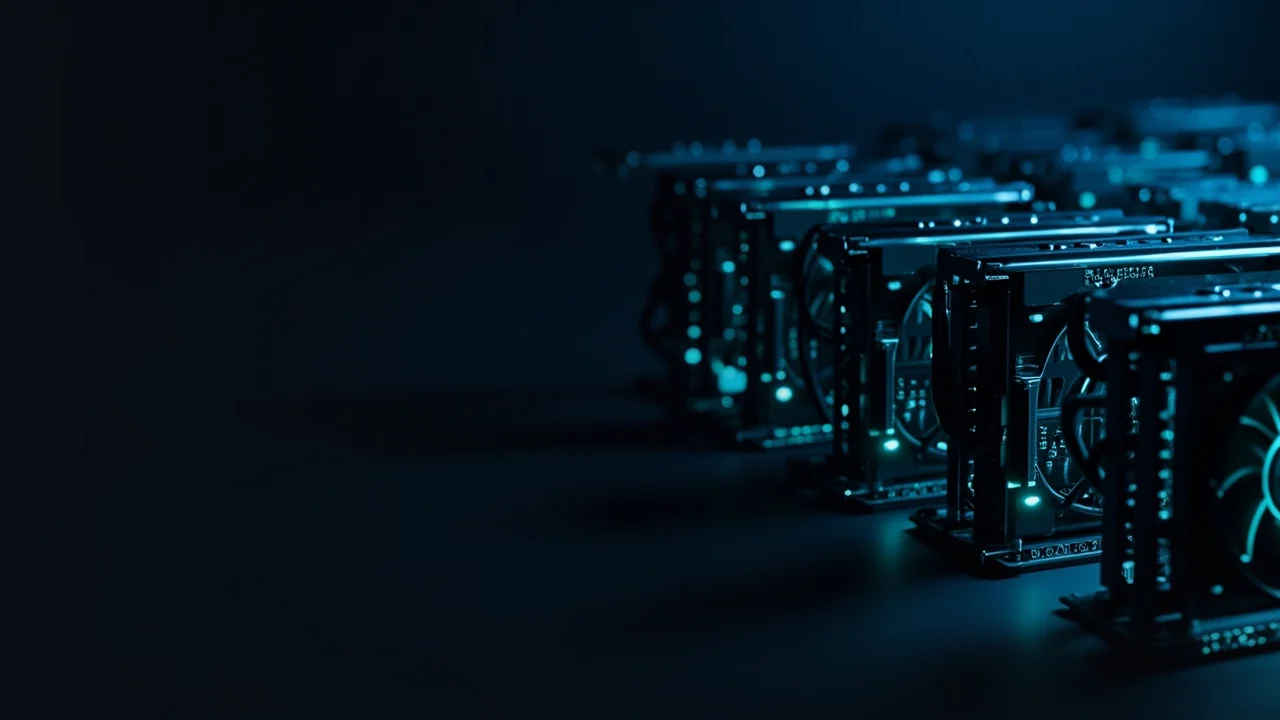 Rækker af mørke mining-rigs med lysende cyanblæsere og kabler til højre.