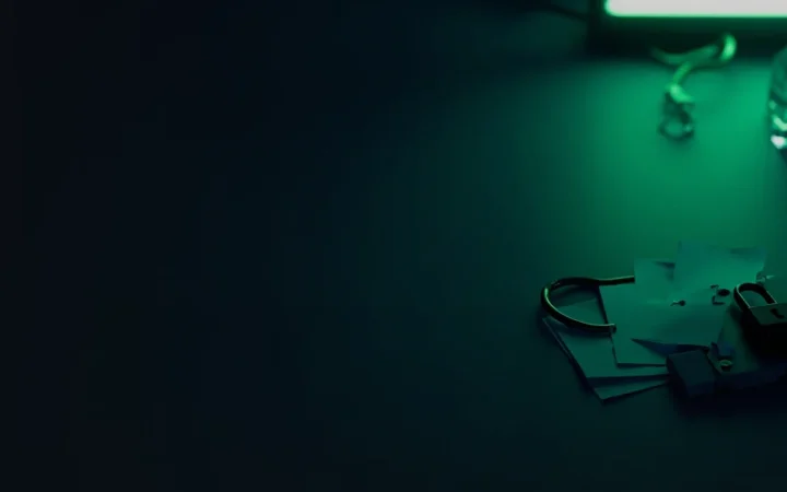 Un bureau sombre avec un terminal, des reçus vierges, un cadenas et un cube de verre éclairés en vert lime.