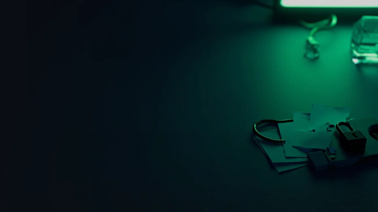 A dark desk with a terminal, blank slips, a padlock and a glass cube lit by lime green.