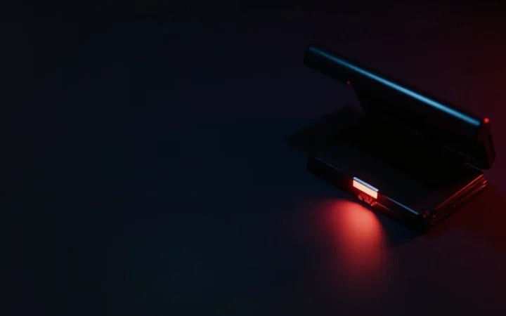 A dark scene with a hardware wallet, steel plate and red padlock.
