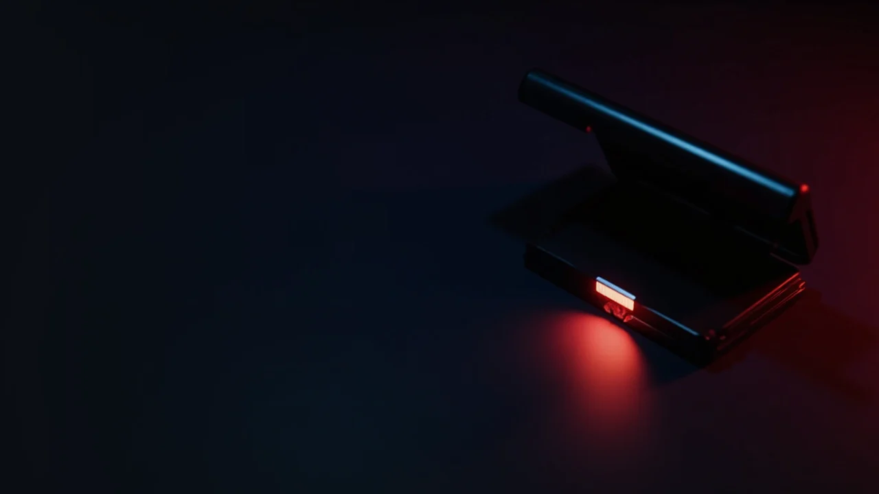 En mørk scene med en hardware wallet, en stålplade og en rød hængelås.