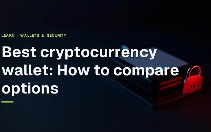 Best cryptocurrency wallet guide title over a dark scene with a hardware wallet, steel plate and red padlock.