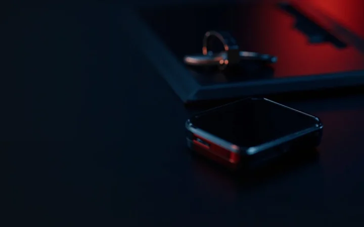 Et mørkt skrivebord med en hardware wallet, en stålplade og en hængelås oplyst af en svag rød glød.