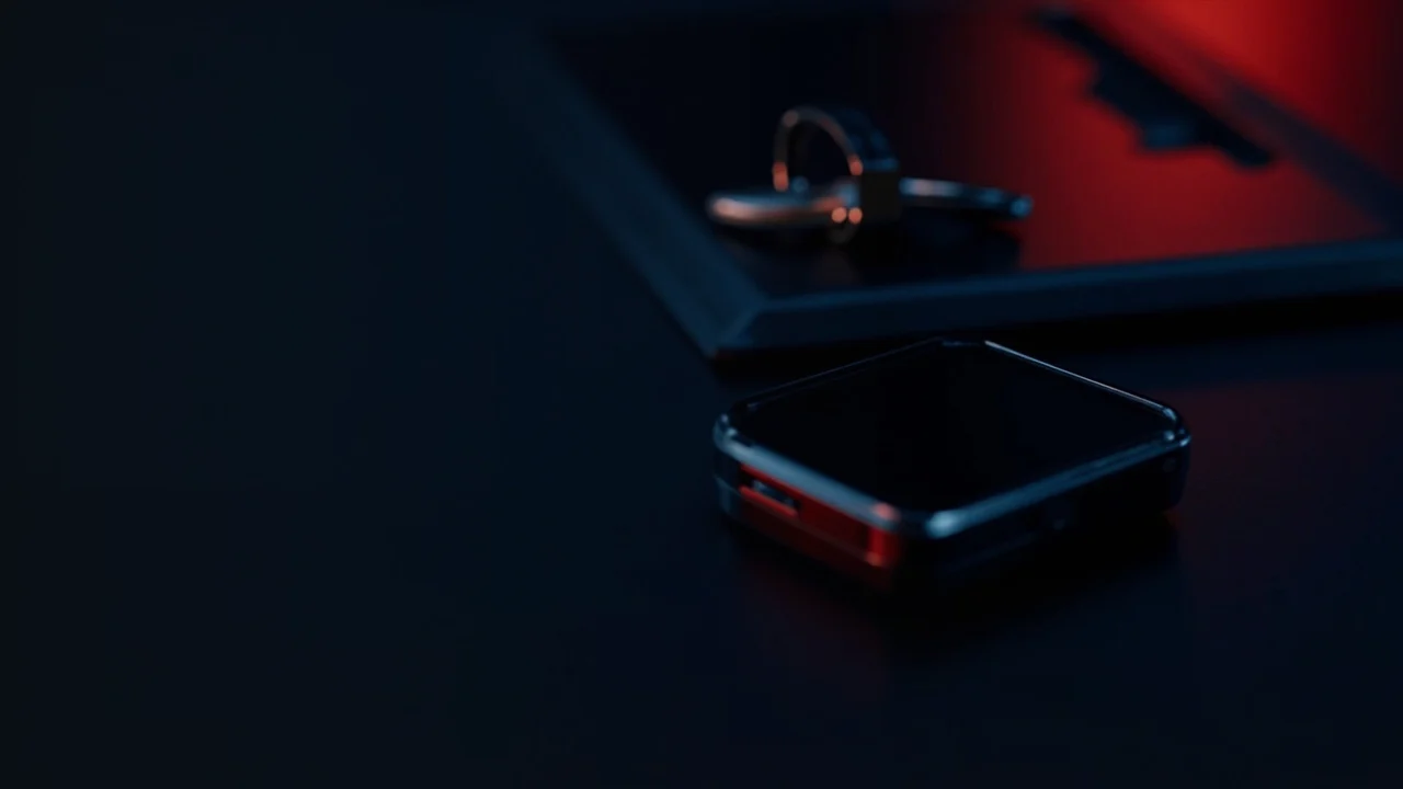 Et mørkt skrivebord med en hardware wallet, en stålplade og en hængelås oplyst af en svag rød glød.