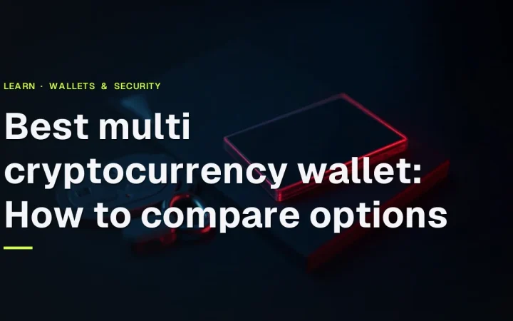 The title sits over a dark desk with a hardware wallet, a steel plate and a padlock lit by a faint red glow.