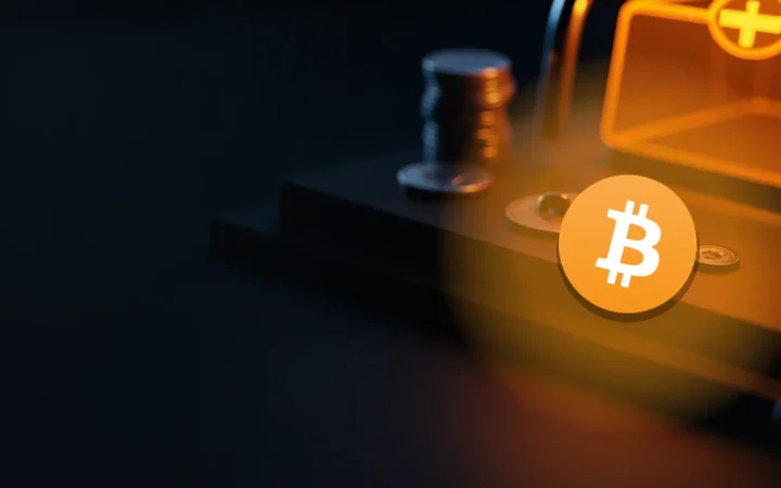 Bitcoin-logoet over et mørkt skrivebord med tomme mønter, et glasvælving og en hængelås.
