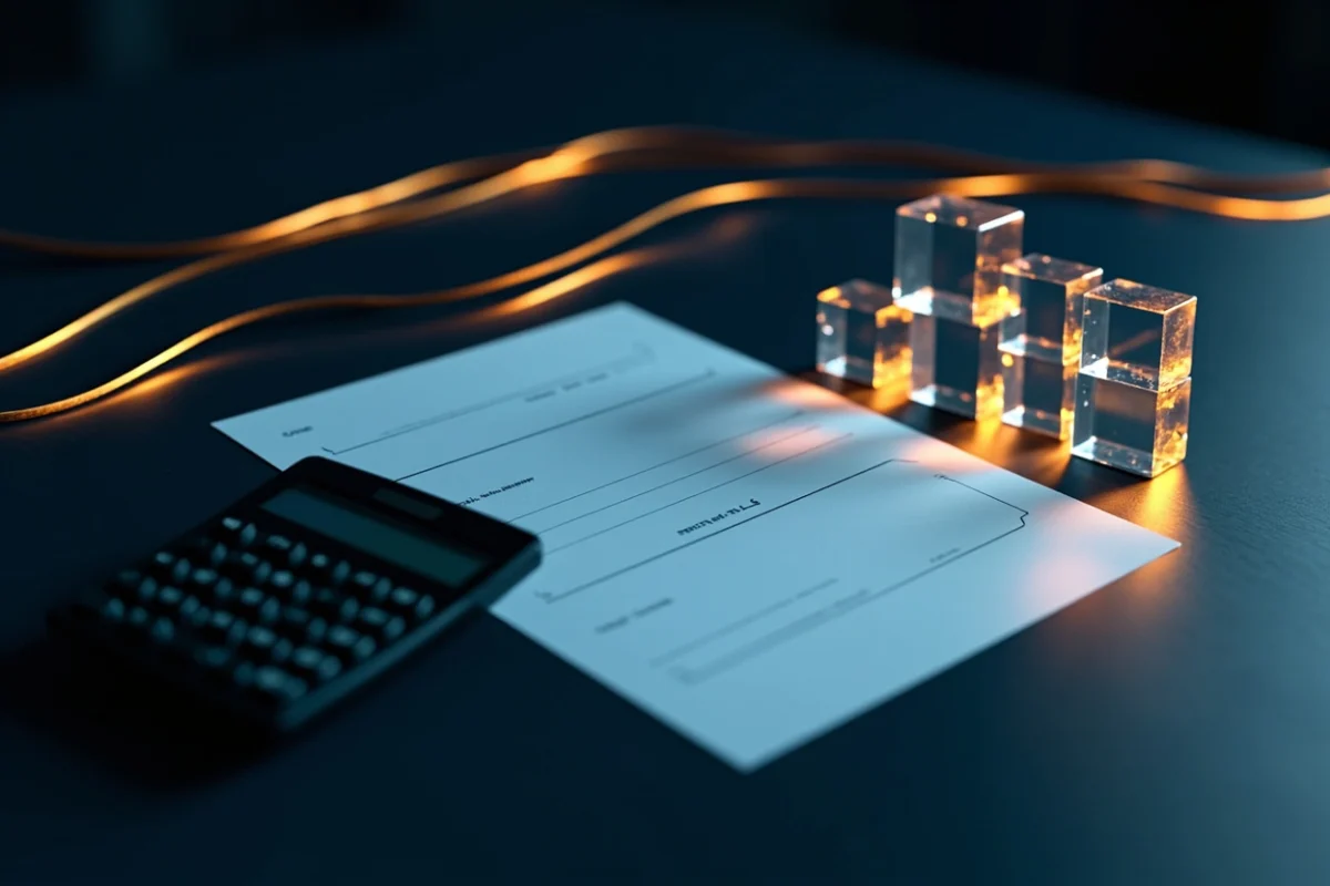 Blank form, empty calculator and glass blocks linked by gold light on a dark navy desk