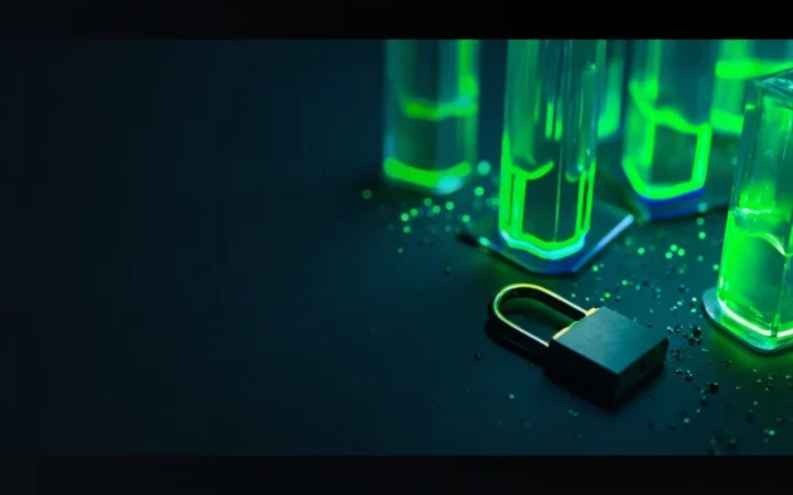 A dark navy background with glass blocks linked by glowing lime green lines and a padlock.
