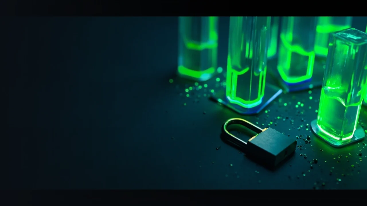 A dark navy background with glass blocks linked by glowing lime green lines and a padlock.