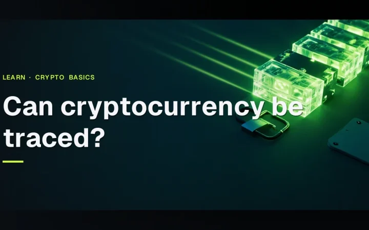 The title Can cryptocurrency be traced? over a dark navy background with glass blocks linked by glowing lime green lines and a padlock.