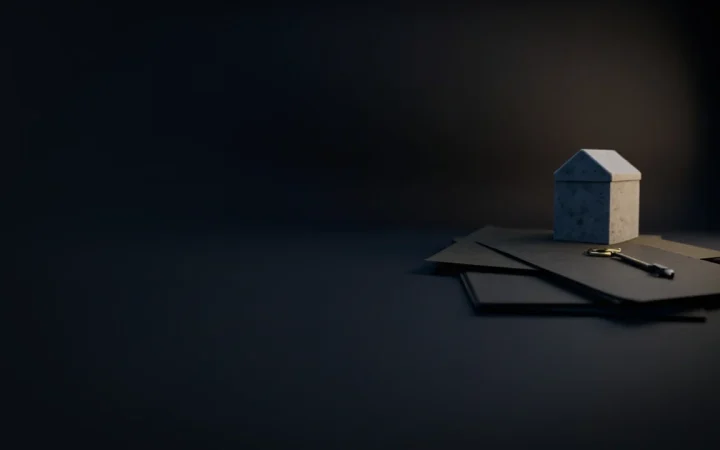 Un fond bleu marine foncé avec une petite maquette de maison, des feuilles vierges, un dossier et une clé en laiton brillant d'un éclat doré sur la droite.