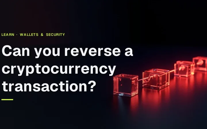 The title Can you reverse a cryptocurrency transaction? over glowing glass blocks joined by red light on a dark navy background.