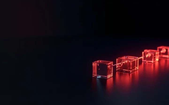 Glödande glasblock sammanfogade av rött ljus på en mörkblå bakgrund.