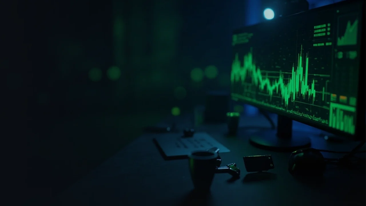 Un escritorio oscuro con un monitor de barras verdes brillantes, una tarjeta de acceso en blanco y una placa de acero.