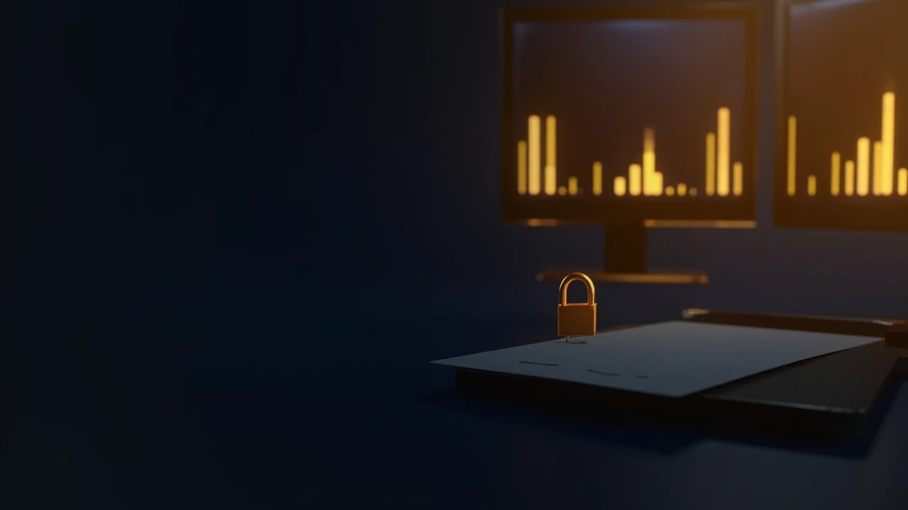 Un bureau bleu marine foncé avec deux écrans dorés lumineux, un bloc-notes en verre et un cadenas doré sur un plateau.