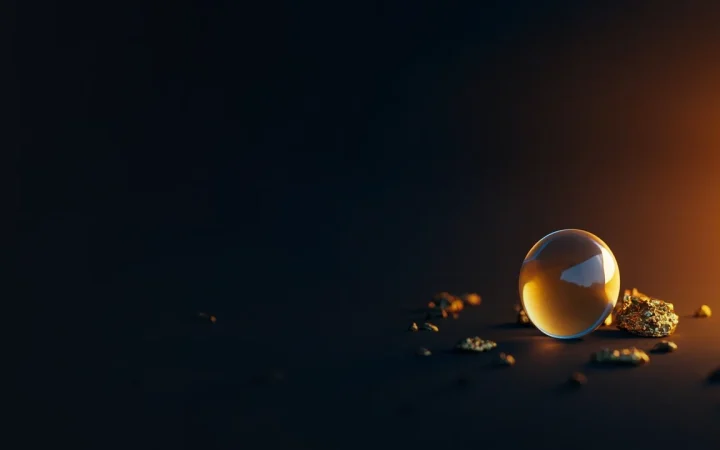 Un fond bleu marine foncé avec une pièce en verre et des pépites d'or brillant en orange sur la moitié droite.