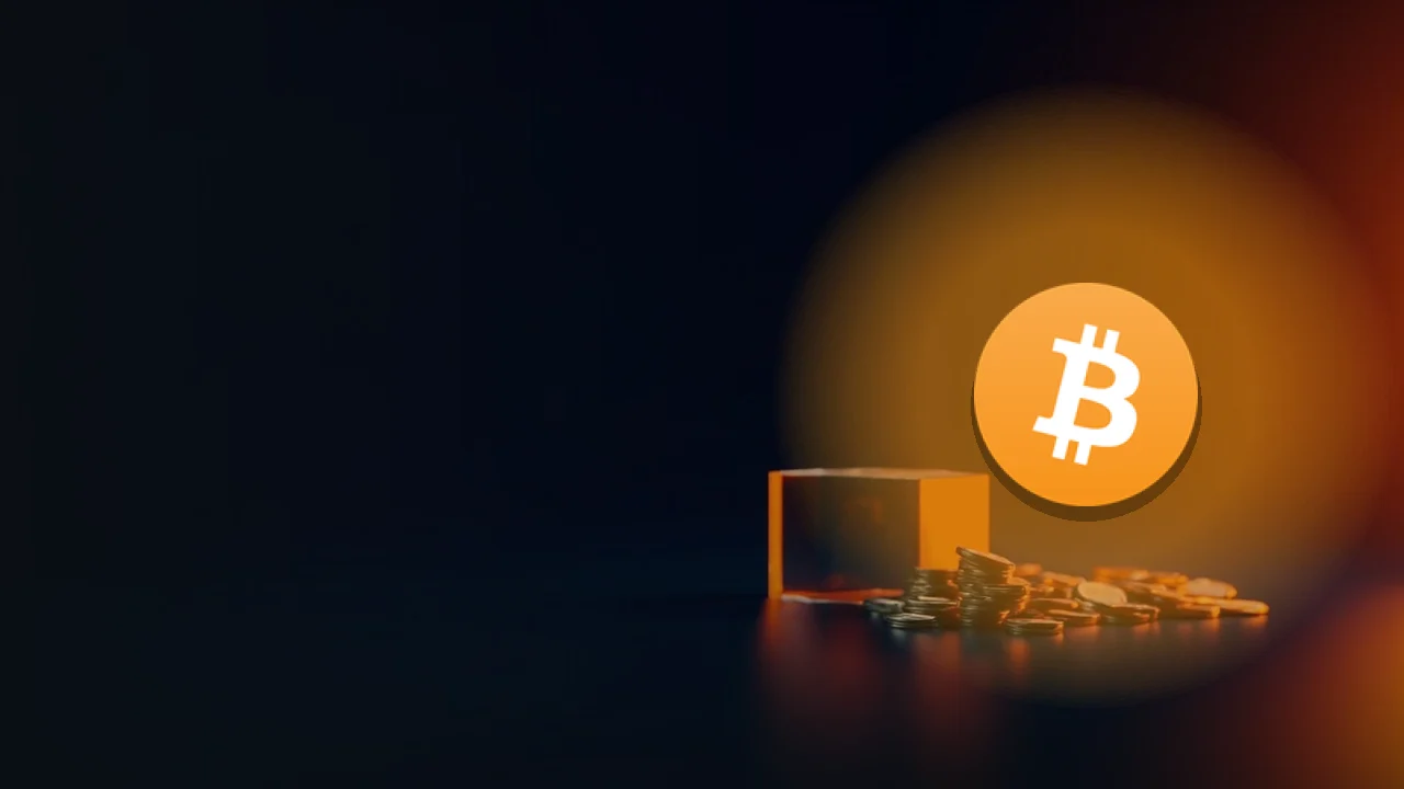The Bitcoin logo over a dark navy background with glowing orange coins and a glass block on the right.