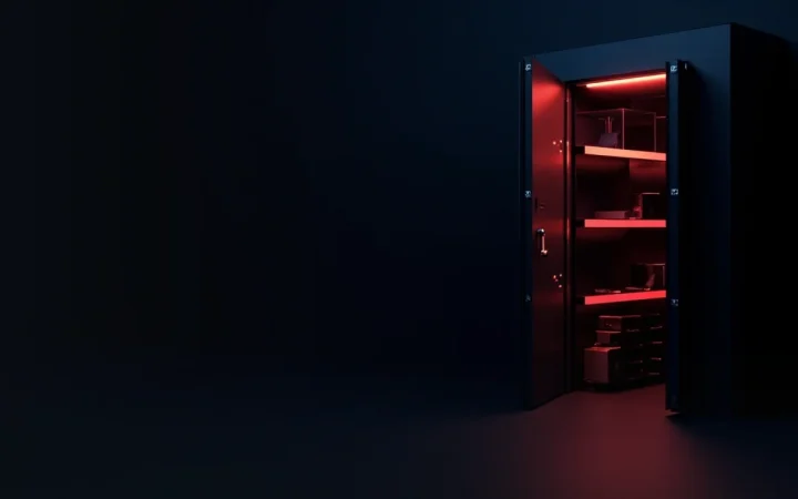 Un coffre bleu marine foncé avec une porte de coffre-fort en acier ouverte sur des plaques de clés vierges et un cube de verre lumineux.