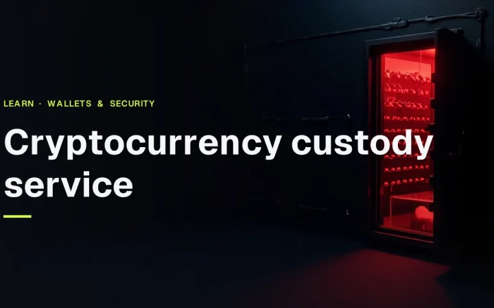 The title Cryptocurrency custody service over a dark navy vault with a steel safe door open on blank key plates and a glowing glass cube.