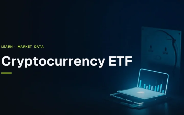 The title Cryptocurrency ETF over a dark navy background with glowing blue glass share tablets and a blank trading monitor on the right.