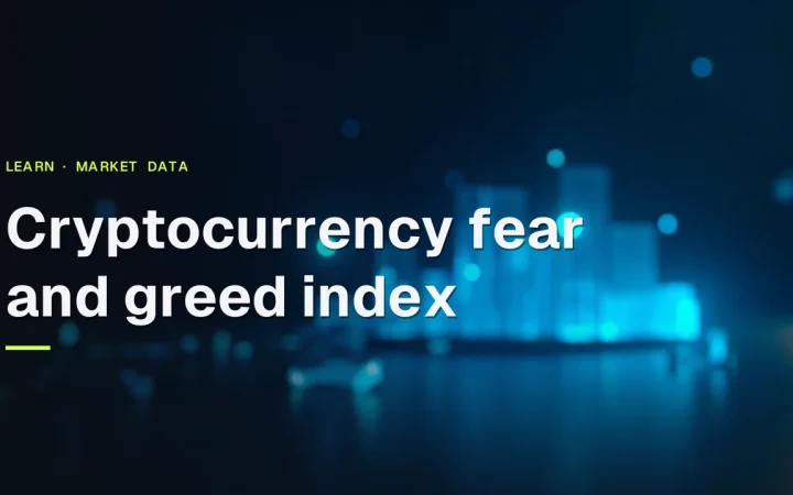 The title sits above a dark background with abstract glowing blue bars and dials representing market mood.