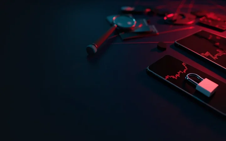 A dark navy desk with blank glowing screens, a padlock and a magnifying glass, with red light streaks and an empty left side.