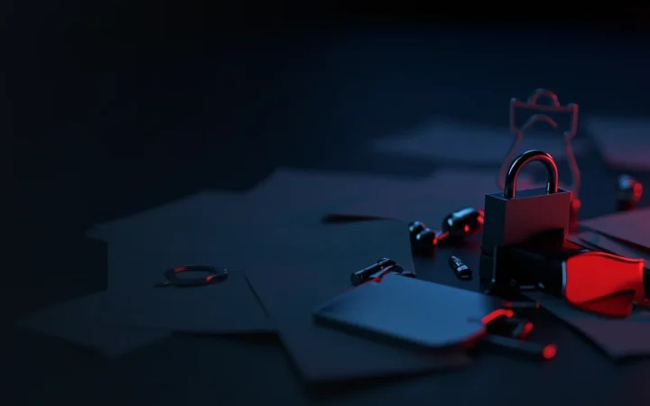 En mørk navybaggrund med blankt papir, en hængelås, en hardware-wallet og et skjold i rødt lys.