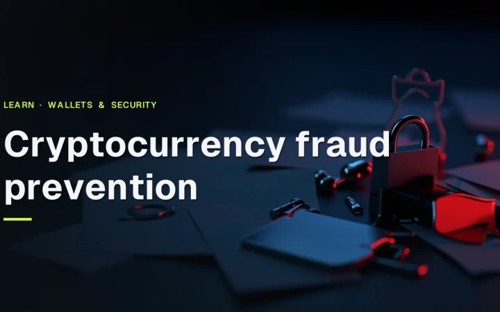 Cryptocurrency fraud prevention title over a dark navy background with blank paper, a padlock, a hardware wallet and a shield in red light