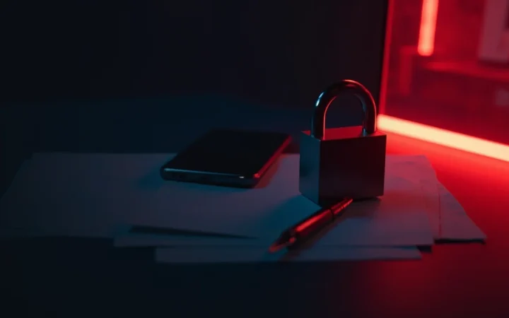 Et mørk navy skrivebord med en tom telefon, en hængelås, tomme papirer og en pen oplyst af rødt lys.