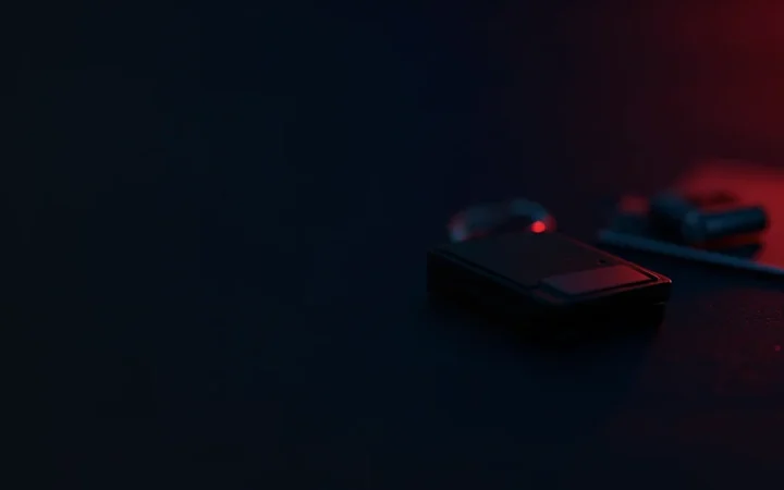 A hardware wallet with a blank screen and a steel plate on a dark desk, lit by red accents.