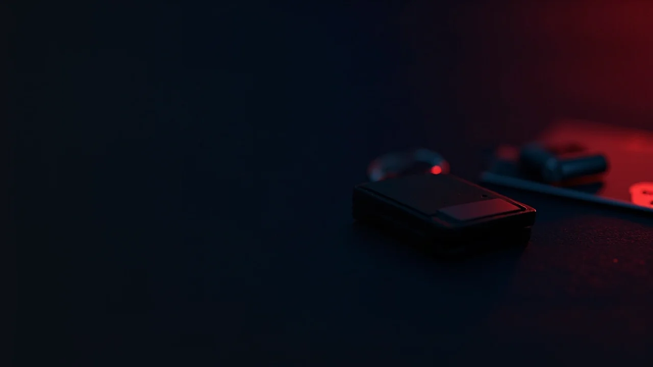 En hardware-wallet med en tom skærm og en stålplade på et mørkt skrivebord, oplyst af røde accenter.