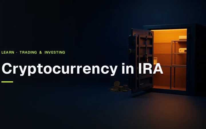 The title Cryptocurrency in IRA over a dark vault with a hardware wallet, steel plate, padlock and blank coins in orange light.
