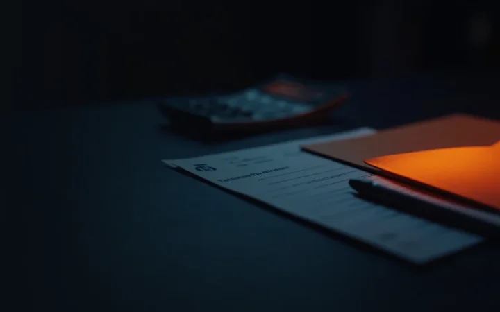 A dark desk with a glowing folder, blank forms, a calculator and a pen.
