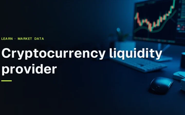 The title Cryptocurrency Liquidity Provider over a dark desk with a blue candlestick chart and trading tools on the right.