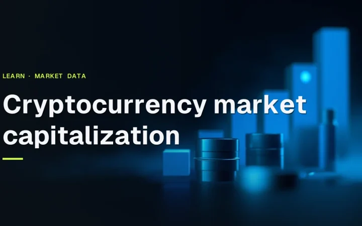 The title Cryptocurrency market capitalization over a dark navy background with glowing blue abstract bars and dials on the right.