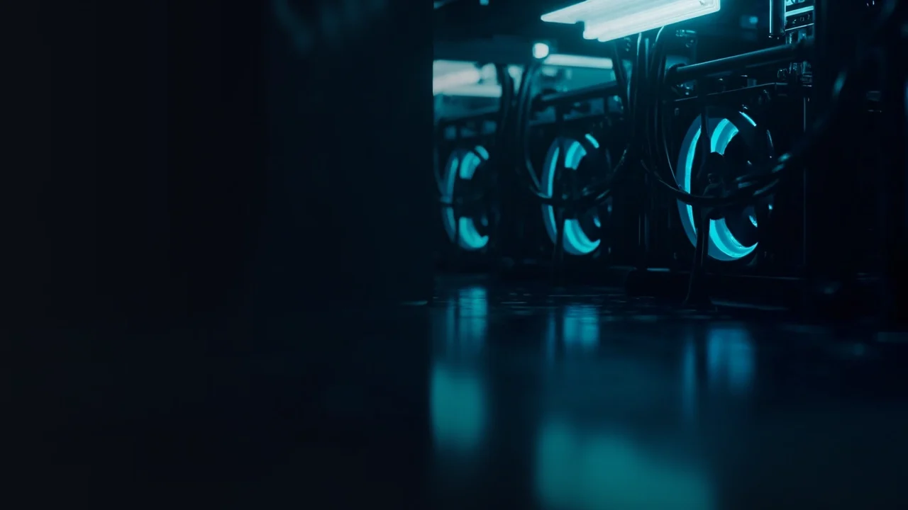 Rows of glowing mining machines with fans and cables on a dark navy background.