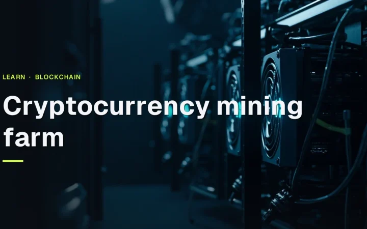 Cryptocurrency mining farm title over rows of glowing mining machines with fans and cables on a dark navy background