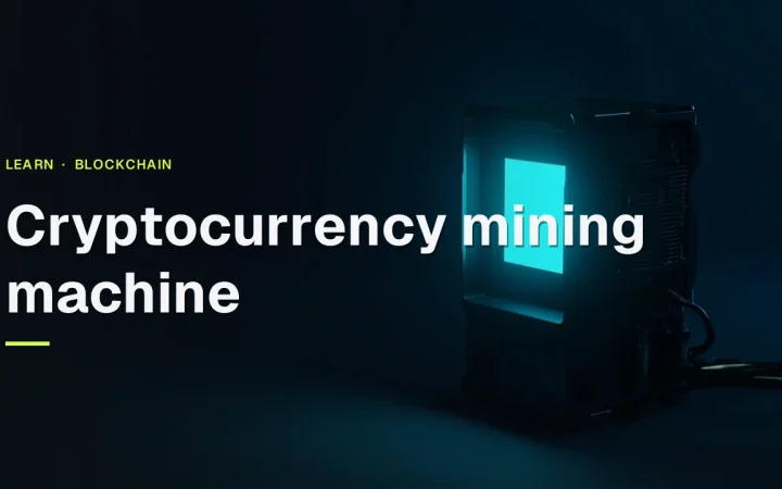 A mining machine with glowing cyan fans and cables on the right, against a dark navy background with the guide title.