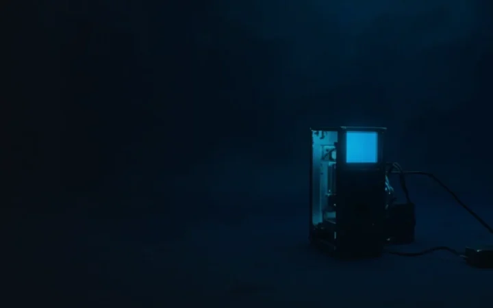 En miningmaskine med lysende cyanblæsere og kabler til højre mod en mørk navyblå baggrund.